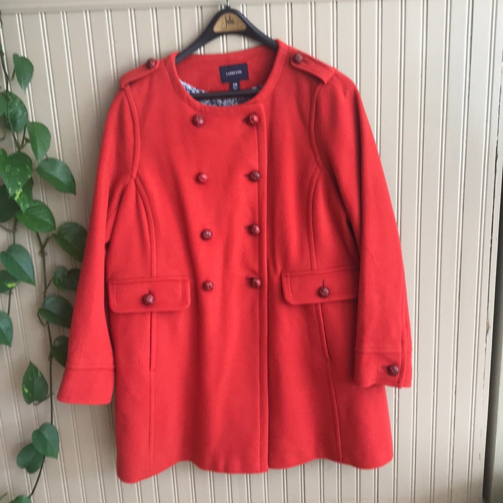 Lands’ End Women’s Tomato Red Navy Pea Coat